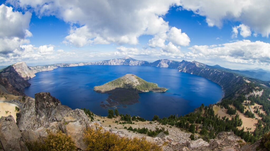 wide angle view of Crater Lake form the top of Watchman's Peak, beautiful landscape in Oregon