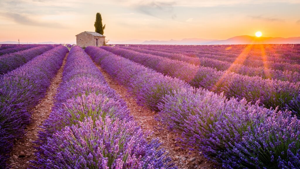 Provence, Lavender field at sunset, Valensole Plateau