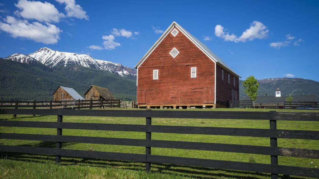 Red barn near the Wallowa Mountains in Oregon