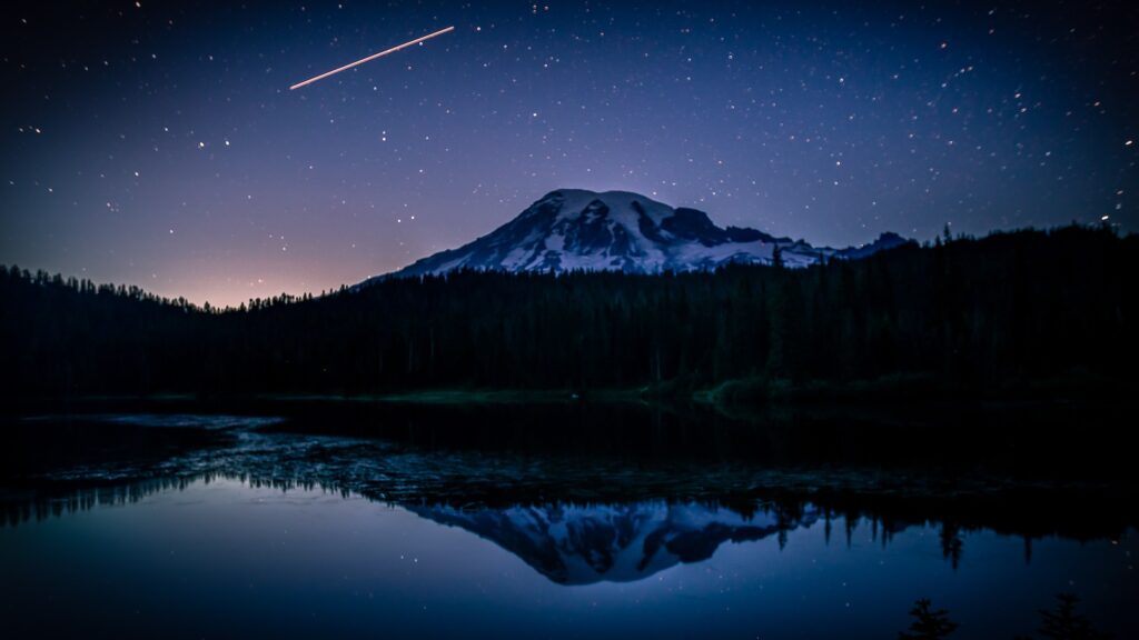 Mt Rainier at night with stars at Reflection lake Mt Rainier National park Washington