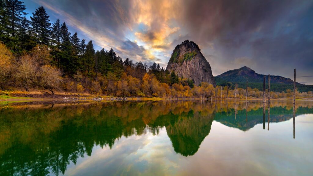 Beacon Rock from Boat Dock Moorage along Columbia River Gorge during Sunset in Washington State