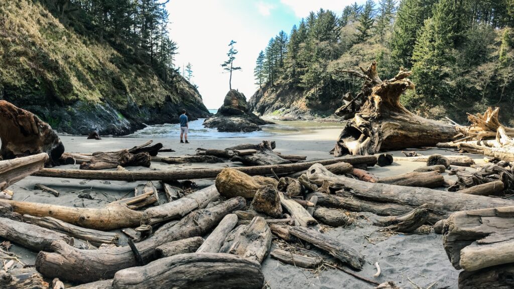 Hiker on the beach in Cape Disappointment State Park, Washington