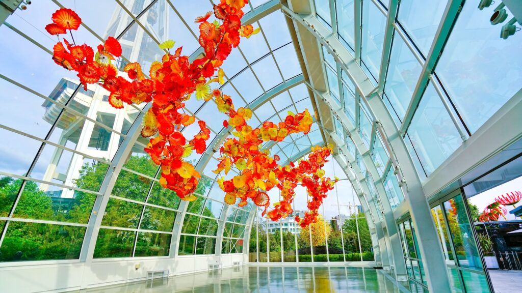 View of Chihuly Garden and Glass where is next to Space Needle in Seattle
