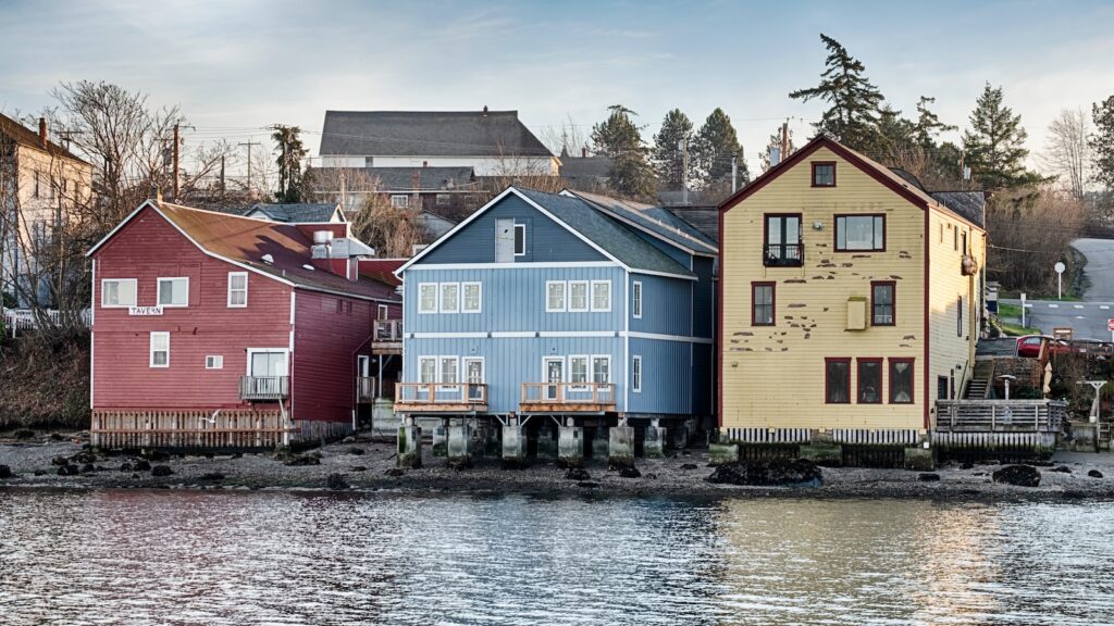 Three old buildings anchor the waterfront strip of downtown Coupeville on Whidbey Island in Washington State.