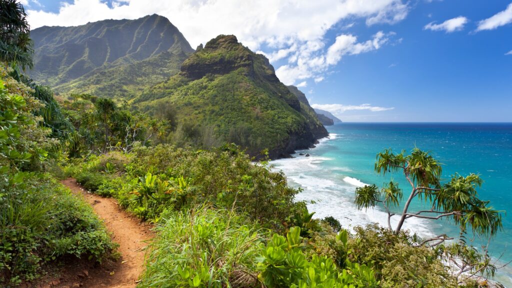 View along the Na Pali Coast from the Kalalau Trail in Kauai, Hawaii.