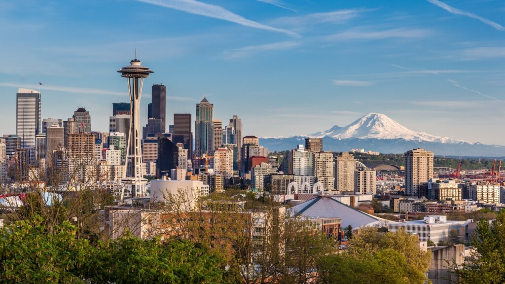 Seattle downtown skyline and Mt. Rainier, Washington.