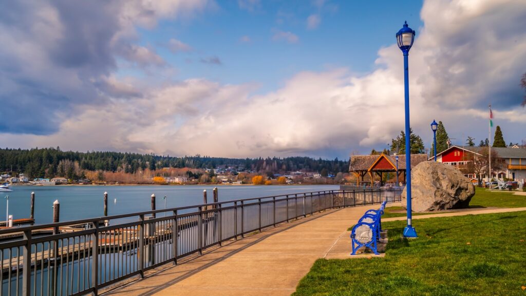 Poulsbo's beautiful harbor and beach scenery in summer with long exposure shot.