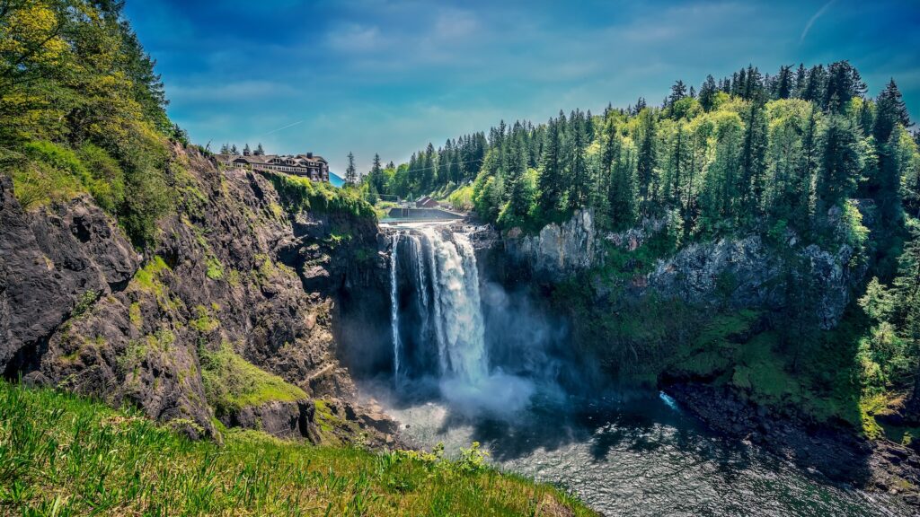 Snoqualmie Falls near Bellevue, Washington, United States shot during the middle of the day.
