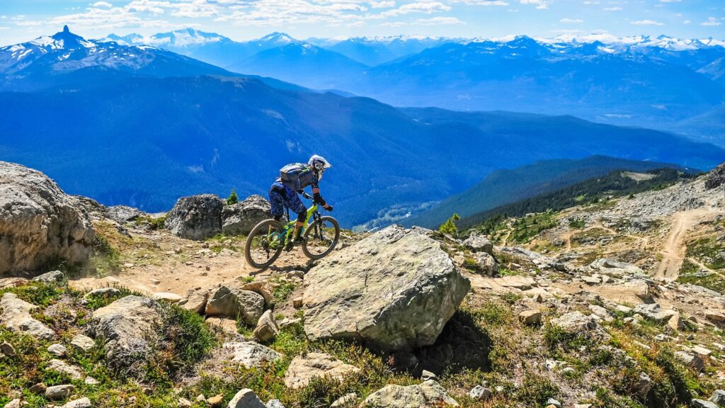 Whistler Mountain, Whistler, British Columbia, Canada - August 2016: Top of the world trail in the Whistler Bike Park.