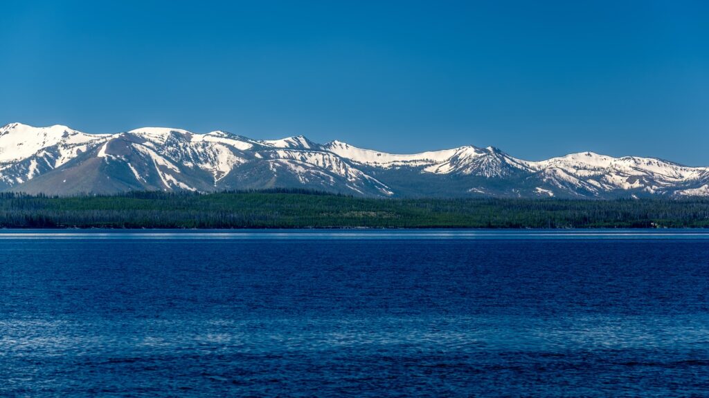 Yellowstone Lake with mountains landscape, Wyoming, USA