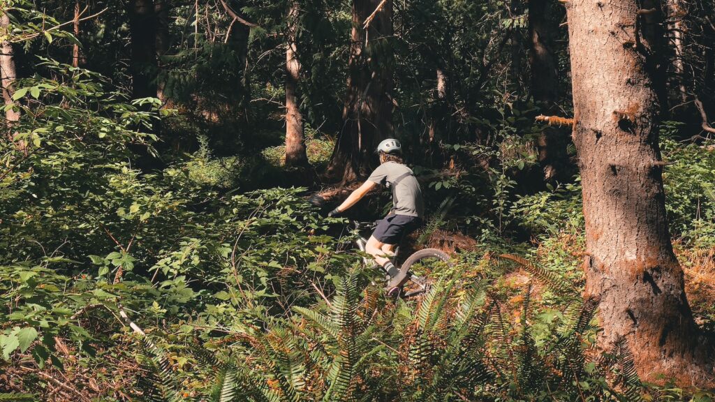 Young man mountain biking on pnw alpine trail at Galbraith Mountain