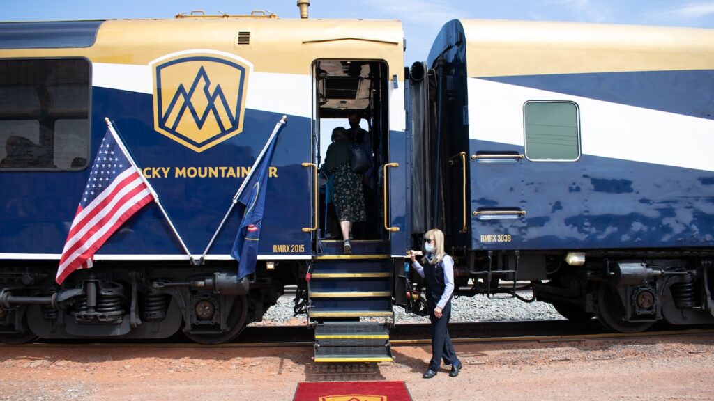 Rocky Mountaineer train carriage boarding at Moab sidings.