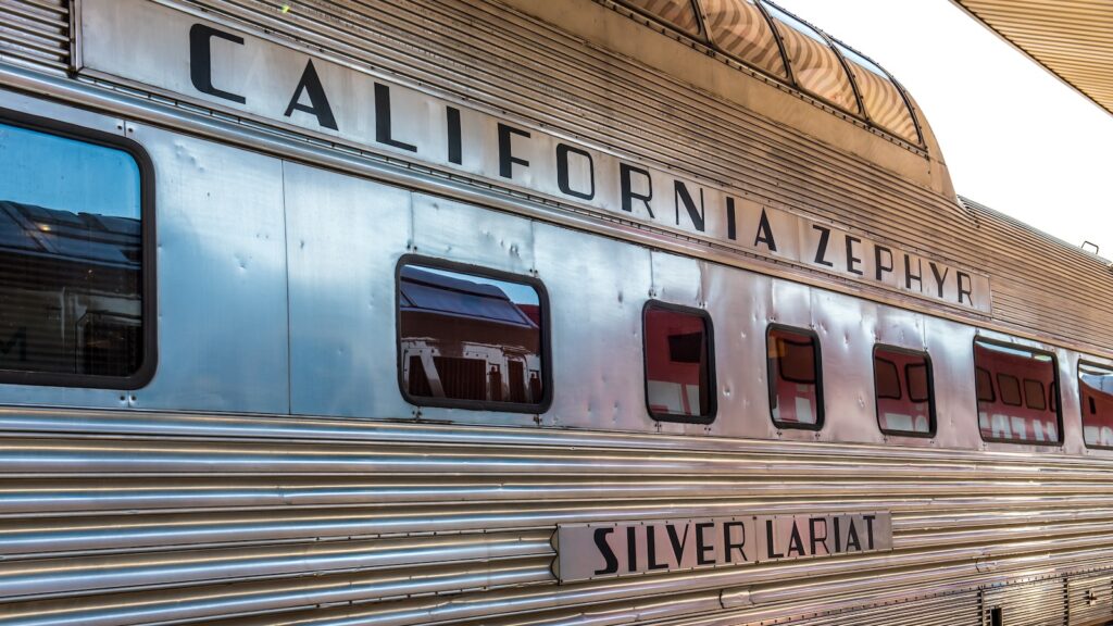 A California Zephyr train on display at Union Station in downtown Los Angeles for the "Dreams in Motion" Summer Train Festival.