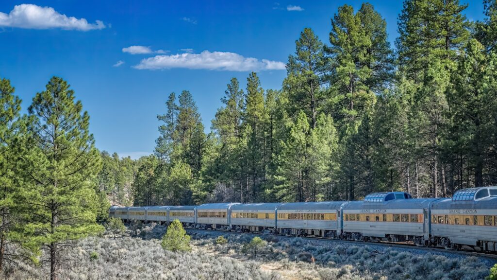 A view of the Grand Canyon railway train heading into a curve during its return trip to Williams from the south rim of the Grand Canyon in Arizona