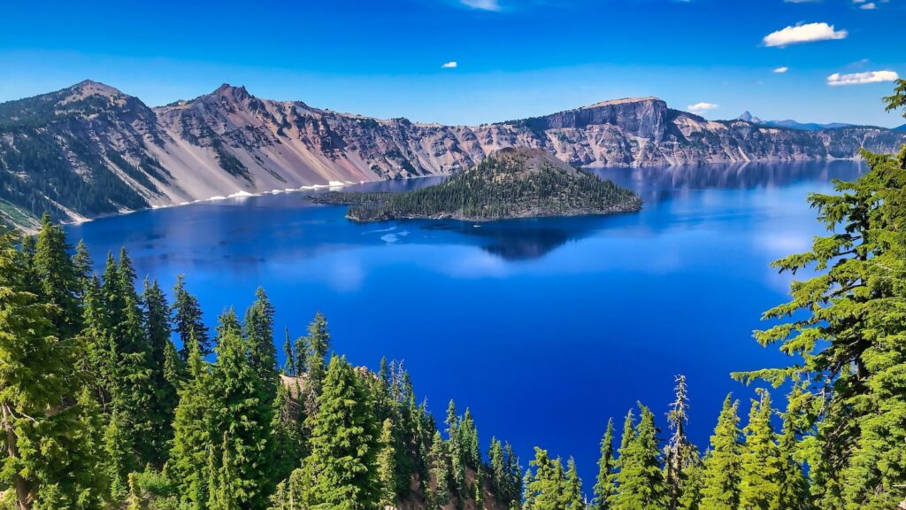 Summer View of Wizard Island at Crater Lake National Park in Oregon.
