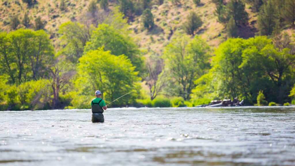 Experienced fly fisherman fishing the Deschutes River in Oregon, casting for fish while standing in the water.