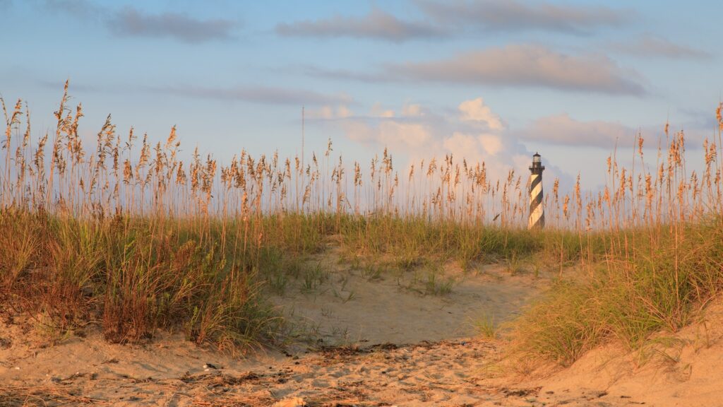 Coastal background of sand and sea oats on the Cape Hatteras National Seashore near the lighthouse in Buxton, North Carolina, in the Outer Banks.