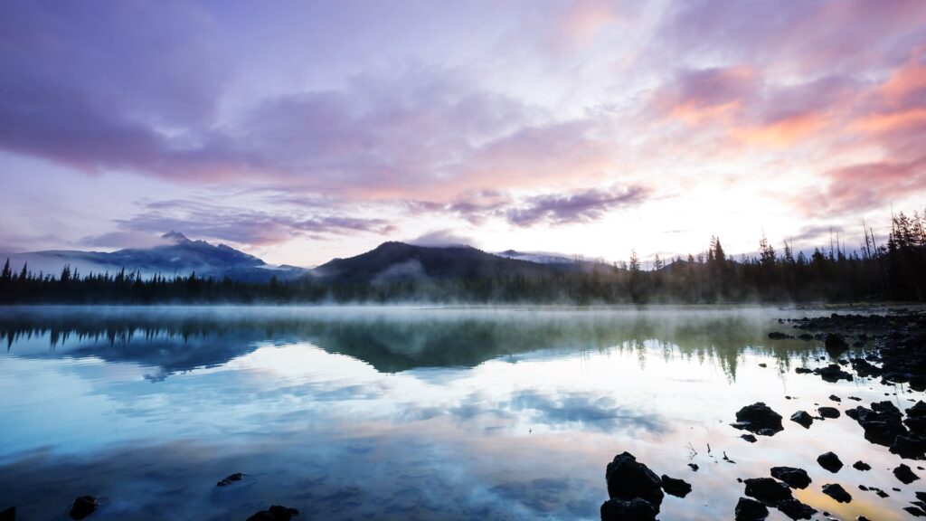 Serene beautiful lake in morning mountains, Oregon