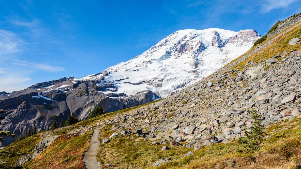 The Skyline Trail at Mount Rainier National Park in Washington State rises above Paradise and the tree line to provide stunning views of the active volcano