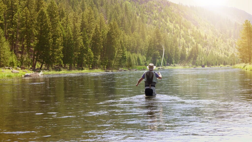 Fisherman flyfishing in river of Montana state