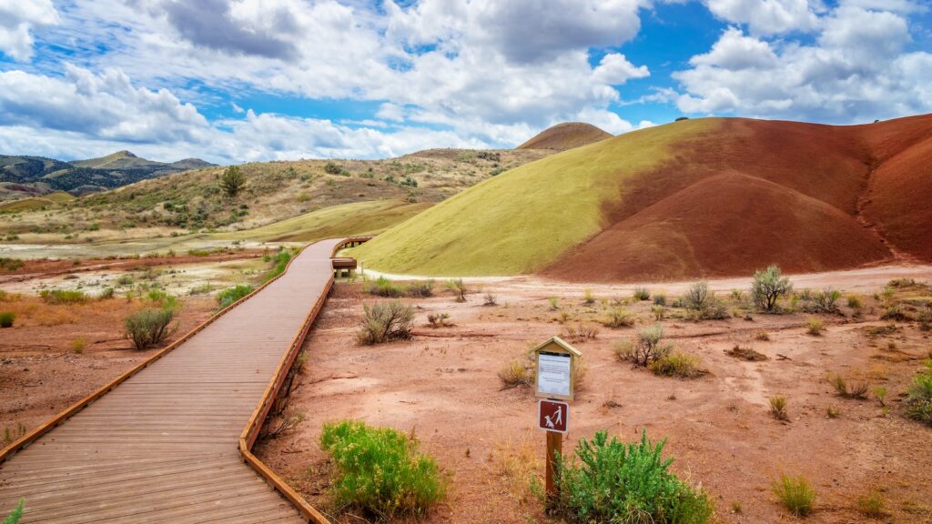 The Painted Cove with its boardwalk in Painted Hills, John Day Fossil Beds National Monument, near Mitchell, Central Oregon