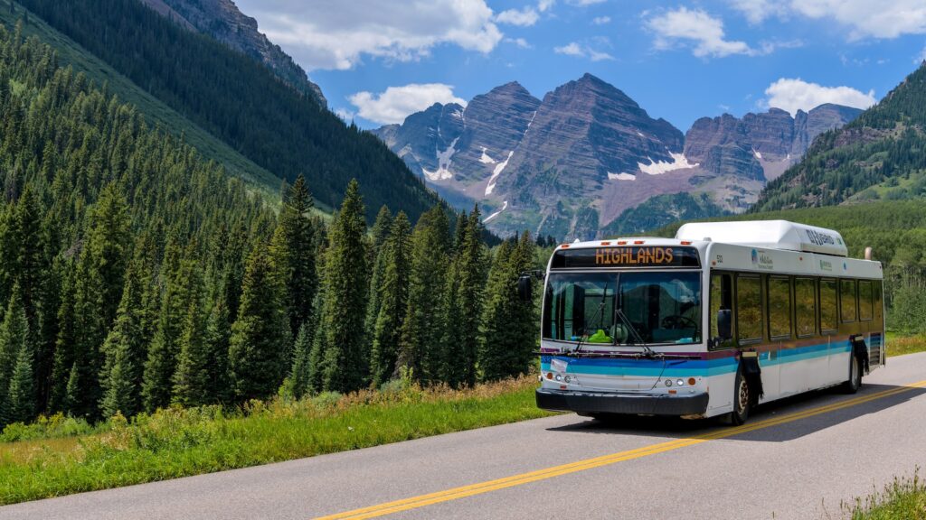 During daytime hours of Summer and Autumn, Shuttle buses, running between Highlands and Marron Lake, are only vehicles allowed into Maroon Bells Scenic Area.