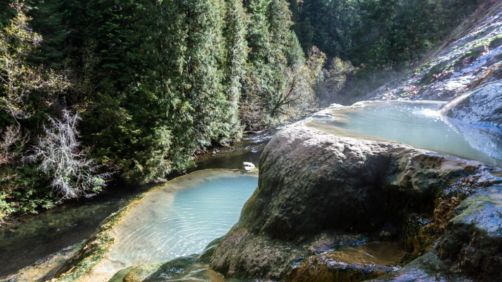 relaxing hot mineral pools surrounded by forest in the mountains of Oregon known as the Umpqua or Toketee hot springs